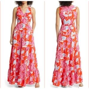 Eliza J Floral V Neckline Sleeveless Twist Front Tiered Maxi Dress Women 16 NWOT